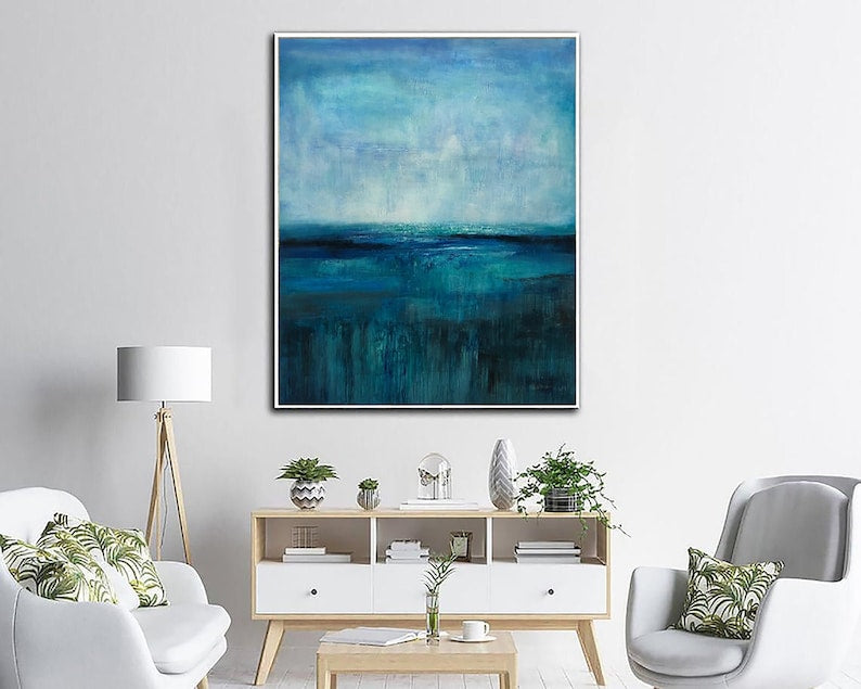 Calming Ocean Abstract Art - Large Blue Canvas Painting for Modern Coastal Decor - Tranquil Wall Art for Living Room or Bedroom