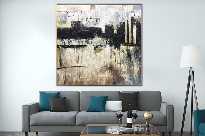 Stort abstrakt sort-hvidt maleri på lærred Moderne urban stil vægkunst Neutralt maleri Original minimalistisk kunstværk vægdekoration