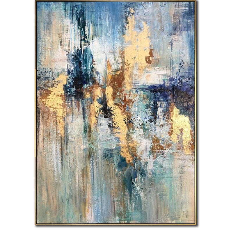 Abstraktes Gemälde Leinwand Blattgold Wandkunst Blaues Kunstwerk Strukturierte Ölkunst Zeitgenössische Wandkunst Luxusgemälde für Kamindekoration