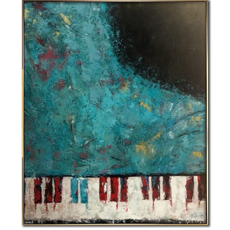 Abstract Piano Painting - Modern Music-Inspired Wall Art with Turquoise and Red Accents - Unique Contemporary Artwork for Living Room