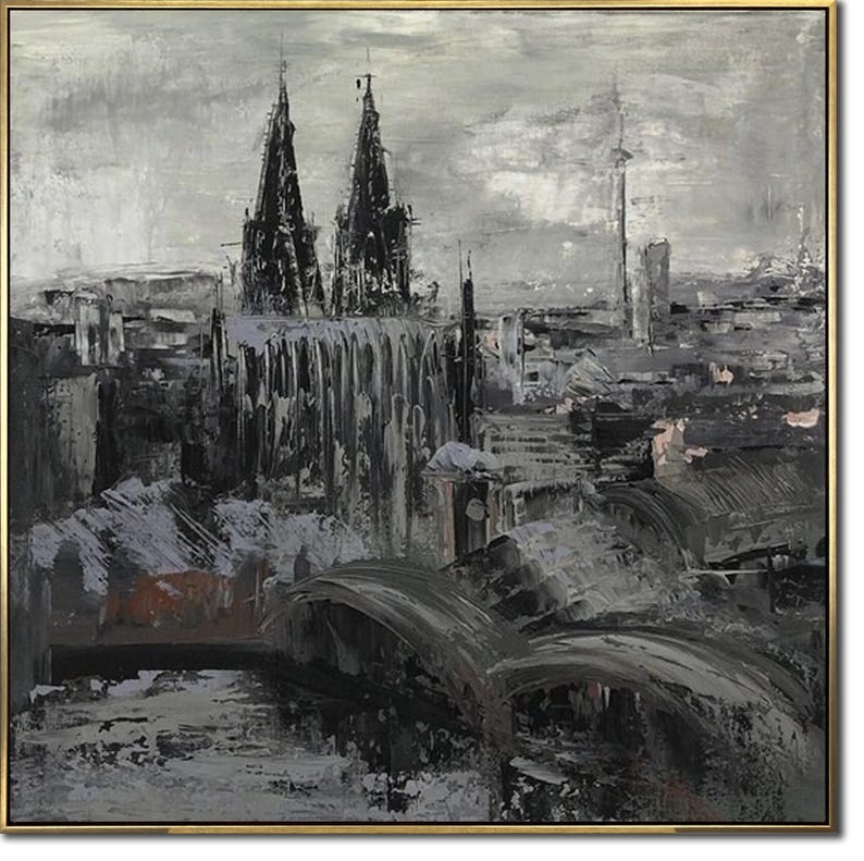 Abstract Cityscape Paintings On Canvas, Original Black And White Art, Impressionism Contemporary Art Unique Boho Style Wall Decor for Home