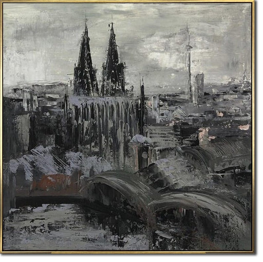 Abstract Cityscape Paintings On Canvas, Original Black And White Art, Impressionism Contemporary Art Unique Boho Style Wall Decor for Home