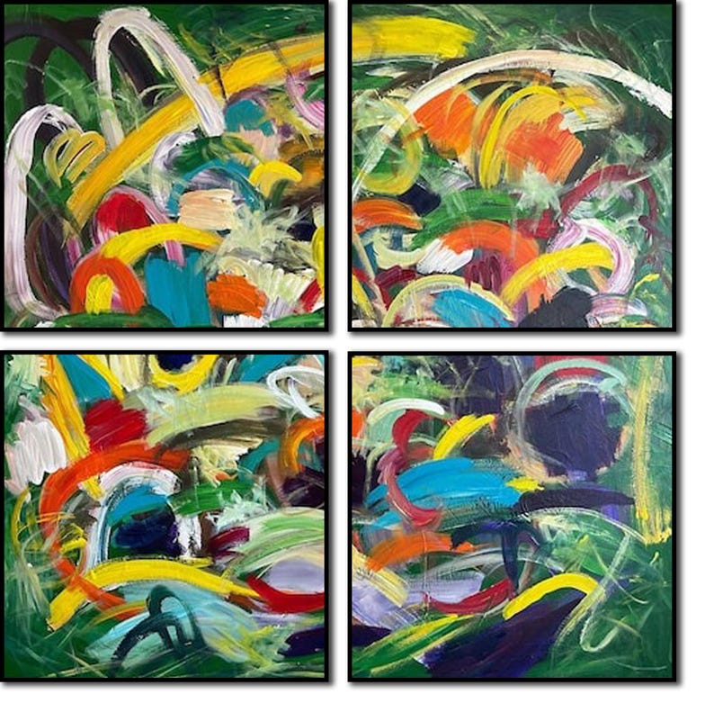 Abstract Colorful Set of 4 Paintings On Canvas, Acrylic Green Oil Painting, Custom Textured Artwork is a Perfect Decor for Living Room Decor