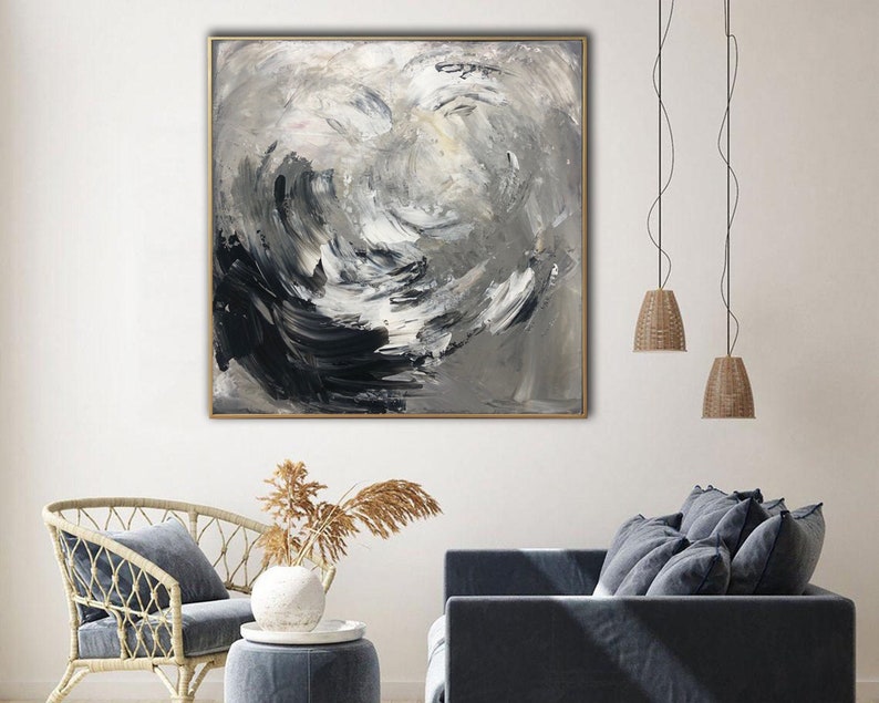 Original Monochrome Custom Oil Painting Black and White Artwork Modern Abstract Gray and Silver Wall Art Decor for Bedroom