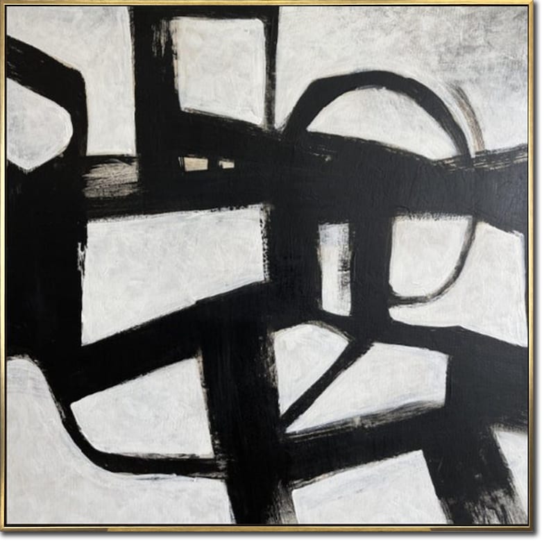 Abstrakte sort-hvide malerier på lærred, originalt maleri i Franz Kline-stil, tekstureret minimalistisk kunst, moderne vægdekoration til hjemmet