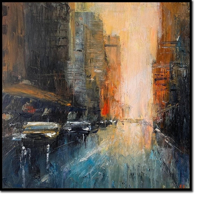 Original Abstract Brooklyn Cityscape Paintings On Canvas Long Island Wall Art Textured City Oil Painting Modern Streets Artwork Wall Decor