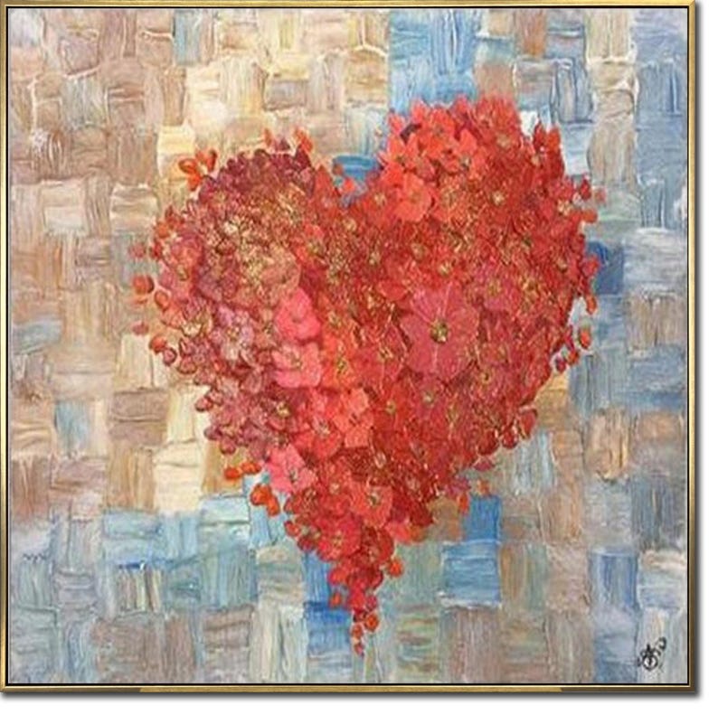 Original Red Heart Acrylic Painting Red Flowers Textured Wall Hanging Artwork Romantic Decor for Bedroom