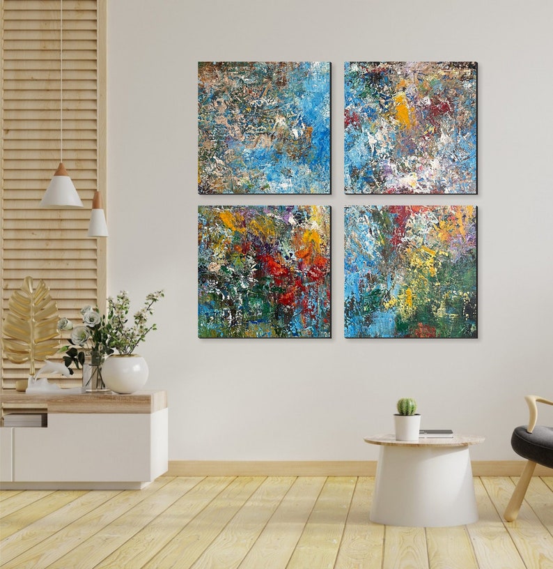 Abstract Colorful Set of 4 Paintings On Canvas, Acrylic Textured Artwork, Custom Oil Painting is a Perfect Decor for Office Decor