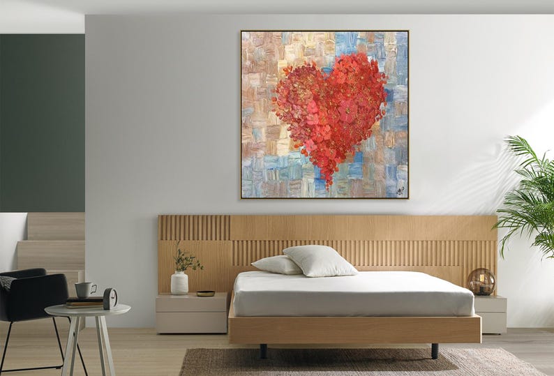 Original Red Heart Acrylic Painting Red Flowers Textured Wall Hanging Artwork Romantic Decor for Bedroom