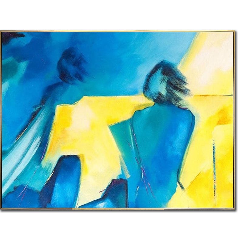 Original People Acrylic Painting Abstract Human Artwork Blue and Yellow Figurative Wall Art Decor for Bedroom