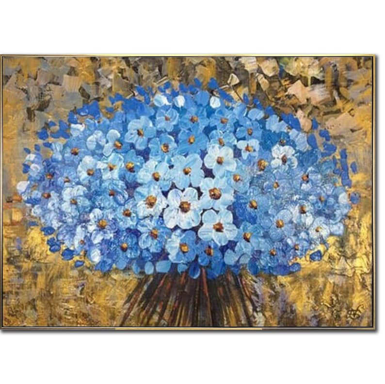 Flower Wall Art Abstract Painting Blue Floral Bouquet Gold Painting Original Textured Artwork Knife Painting Living Room Decor