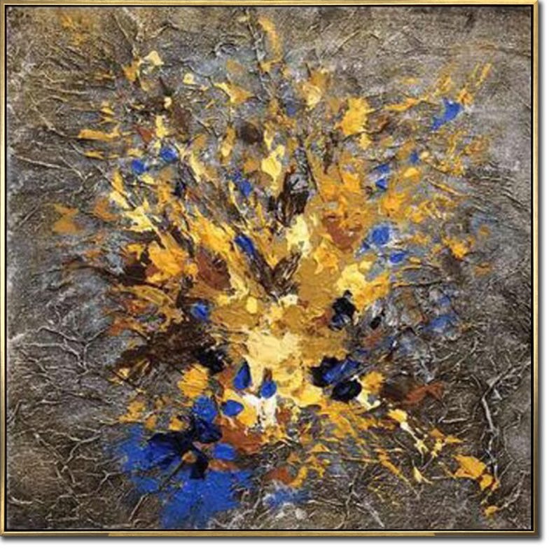 Textured Abstract Floral Painting Gold Blue Modern Wall Art Original Acrylic Artwork Oversized Canvas Handmade Bouquet Decor