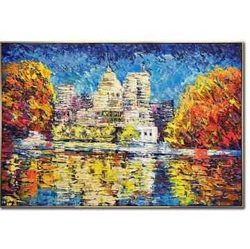 Abstract Colorful Lake Landscape Oil Painting on Canvas, Large Original Modern Orange Textured Acrylic Painting, House Near the Lake