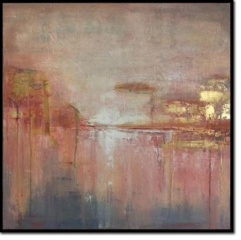 Large Abstract Lanscape Paintings, Pink Sunset Painting Modern Textured Art Gold Leaf Original Abstract FIne Art for Living Room