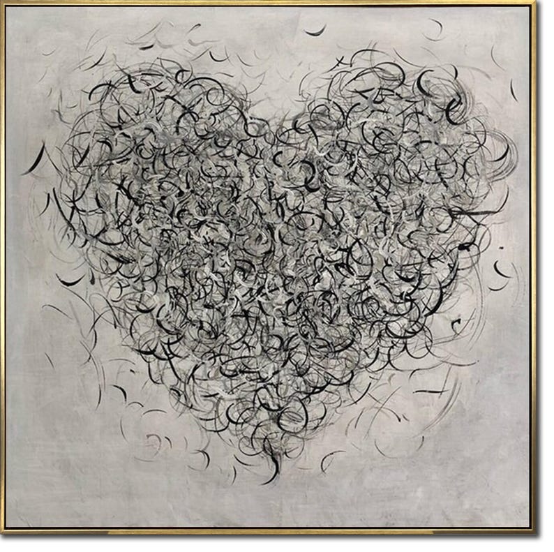 Abstract Heart Painting Modern Wall Art Anniversary Gift Black and White Minimalist Wall Art Unique Wall Art Bedroom Decor Original Painting
