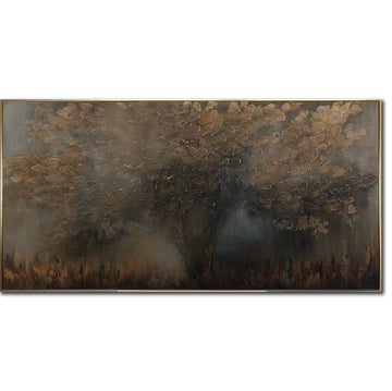 Fredfyldt skov Abstrakt tekstureret trælandskab i jordfarver Moderne naturkunst Skovvægkunst Ro natur Moderne kunst