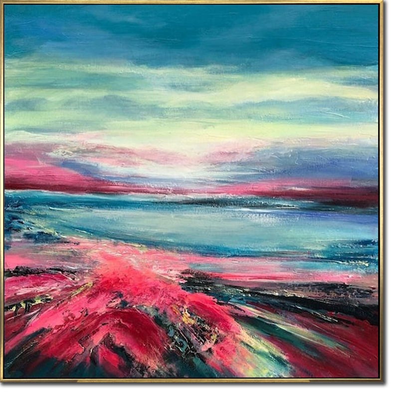 Large Abstract Landscape Wall Art Canvas Vibrant Painting Crimson Artwork Custom Painting in Size 40x40 Coastal Wall Art for Indie Decor