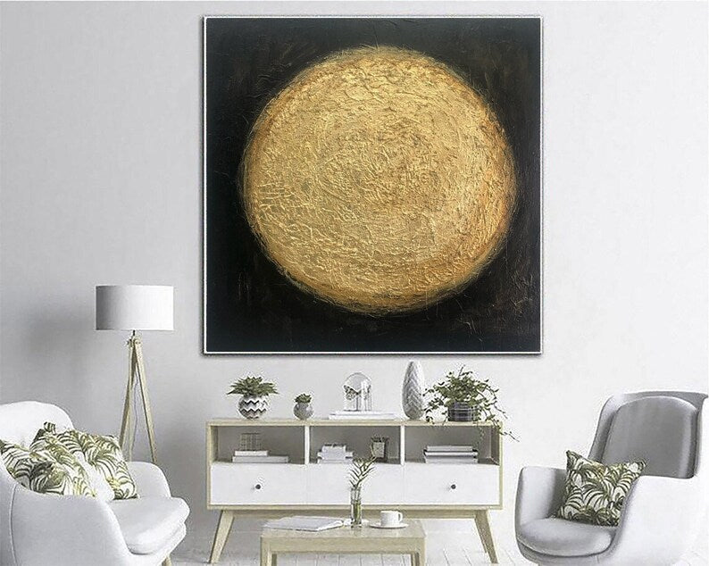Originalt maleri på lærred, sort og guld vægkunst, bladguld kunst, brugerdefineret kunst, 32x32 kunst, abstrakt solmaleri til indie værelsesindretning