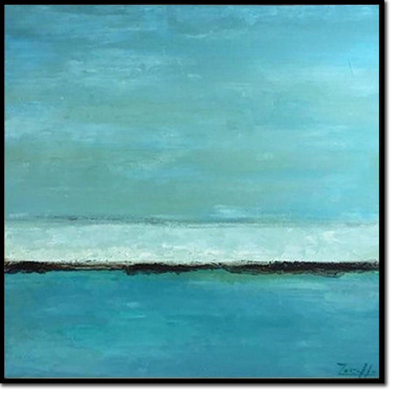 Abstract Seascape Painting, Modern Blue Ocean Art, Minimalist Coastal Wall Art, Hand-Painted Large Canvas for Home Decor