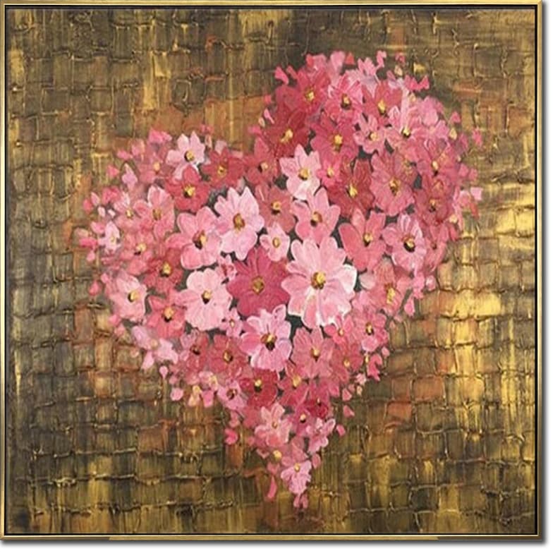 Abstract Heart Painting Heart Flower Painting Canvas Romantic Artwork Gold Wall Art Textured Art Modern Fine Art for Home Wall Decor