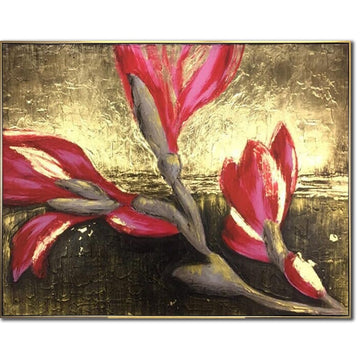 Håndmalet abstrakt kunst med røde blomstermotiver på guld - Stor moderne vægdekoration til stuen - Elegant tekstureret lærredskunst
