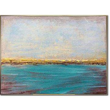Abstract Seascape Painting Ocean Horizon Wall Art Coastal Home Decor Blue and Gold Painting Ocean-Inspired Art Calm and Peaceful Canvas