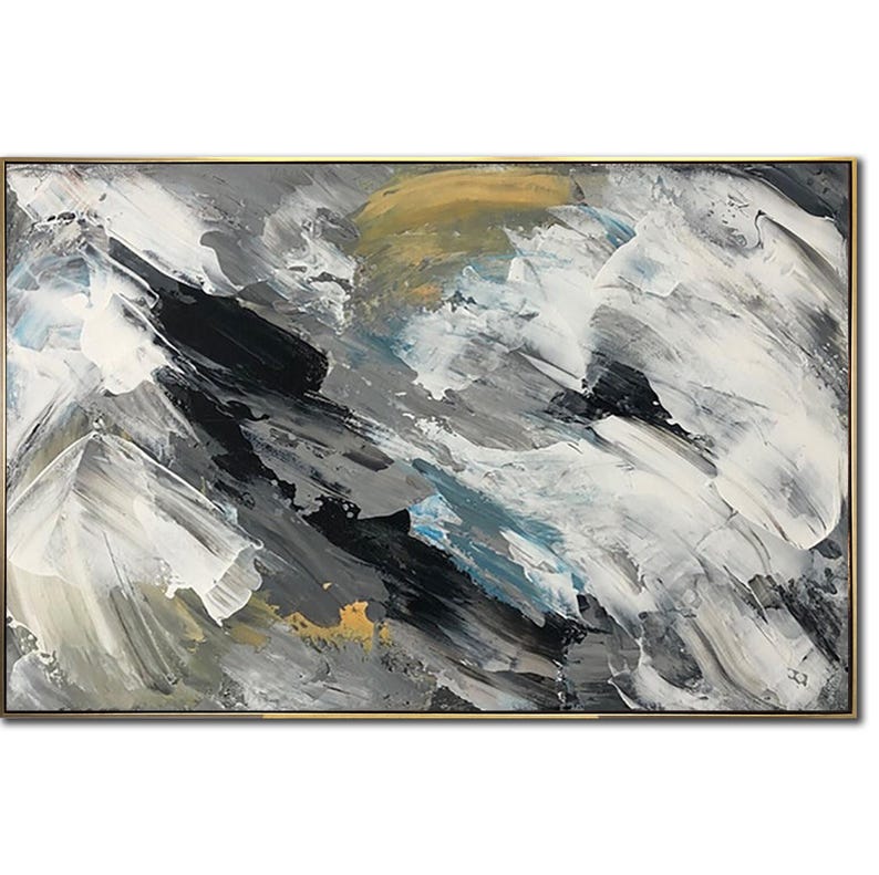 Abstract Brushstroke Painting Modern Large Gray Painting Contemporary Art Office Wall Art Custom Gift Black And White Art Framed Art Decor