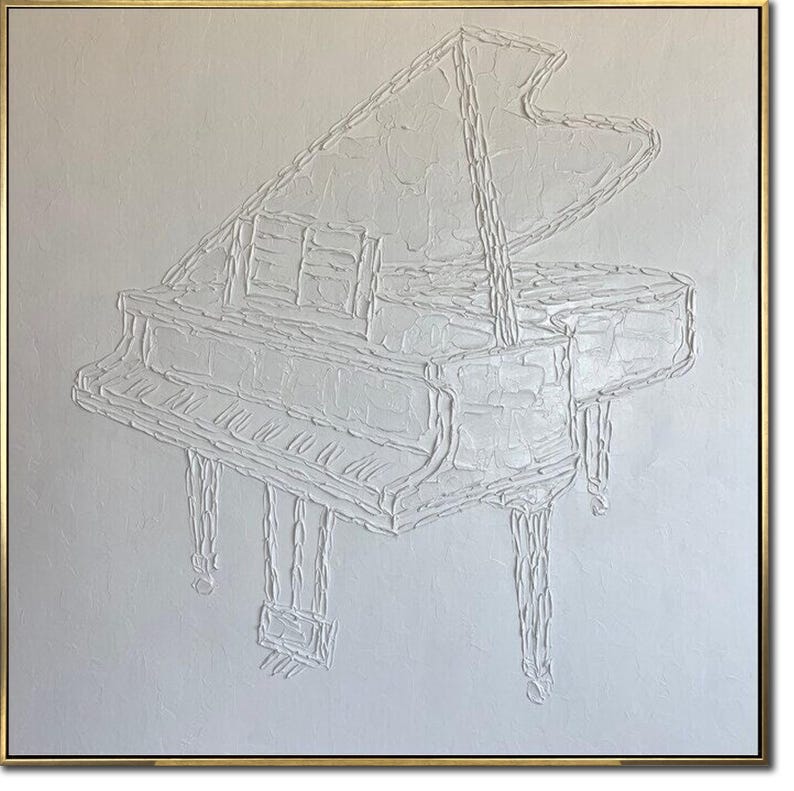 Original Grand Piano Oil Painting Abstract White Textured Wall Art Music Artwork for Bedroom Decor WHITE PIANO