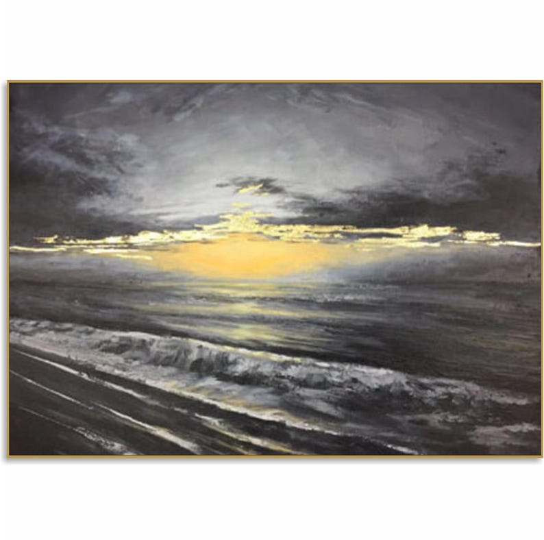 Golden Horizon Expressionist Seascape with Sunset Reflections Modern Textured Art Serenity Nature Tranquility Modern Design Handmade Art