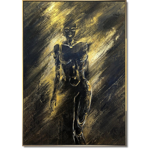 Abstract Female Figure in Black and Gold Modern Femininity Elegance Painting Contrast Light and Shadow Minimalist Wall Art Mystery Decor