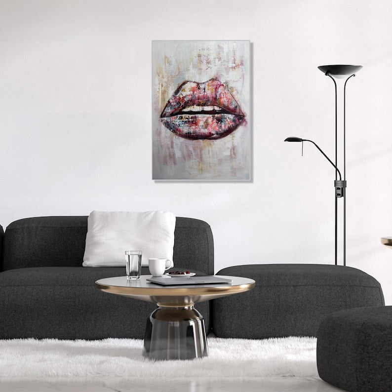 Large Abstract Lips Painting Colorful Pop Art Lips Canvas Wall Art Modern Mixed Media Painting Feminine Street Art Contemporary Wall Decor