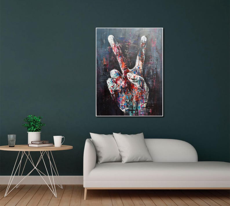Large Abstract Peace Sign Hand Painting Urban Pop Art Modern Acrylic Painting on Canvas Graffiti-Inspired Mixed Media Wall Decor