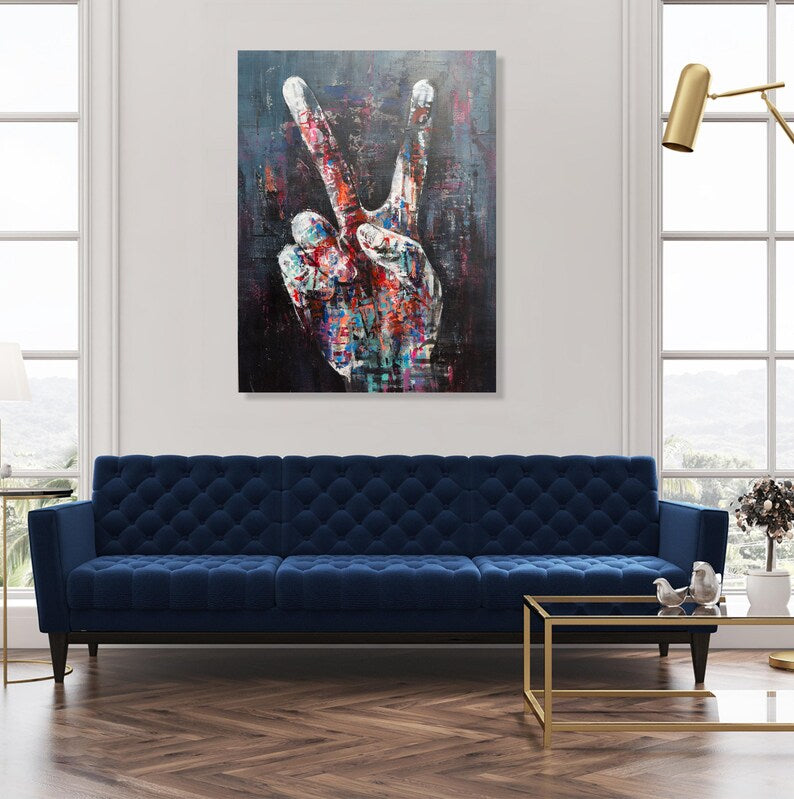Large Abstract Peace Sign Hand Painting Urban Pop Art Modern Acrylic Painting on Canvas Graffiti-Inspired Mixed Media Wall Decor
