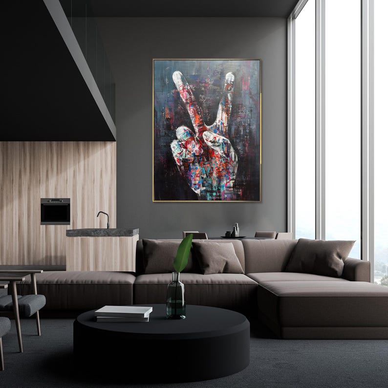 Large Abstract Peace Sign Hand Painting Urban Pop Art Modern Acrylic Painting on Canvas Graffiti-Inspired Mixed Media Wall Decor