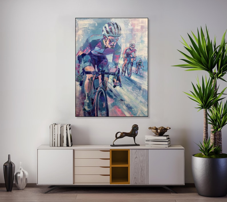 Dynamic Cycling Sport Painting on Canvas Modern Impressionist Biker Art Sports Lover Gift Vibrant Sports Wall Decor for Home and Gym