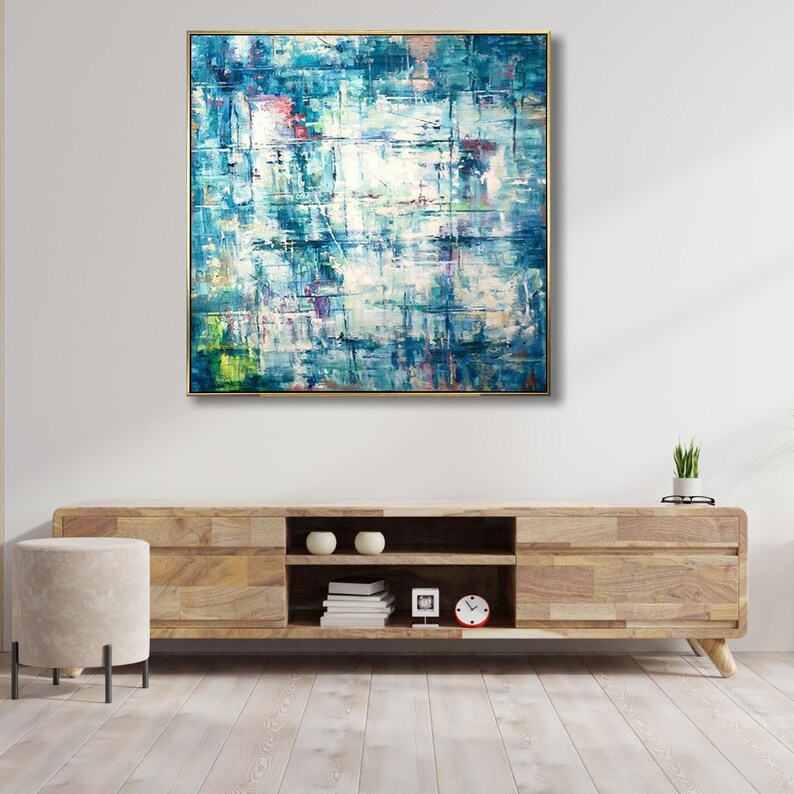 Blue Painting Abstract Aqua Blue Canvas Textured Wall Art Bedroom Decor Large Art Housewarming Gift Apartment Wall Art Framed Art