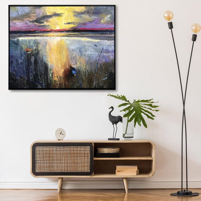 Sunset Painting Original Painting Golden Sunset Tranquil Lake Painting Coastal Wall Decor Living Room Decor Framed Art Apartment Wall Art
