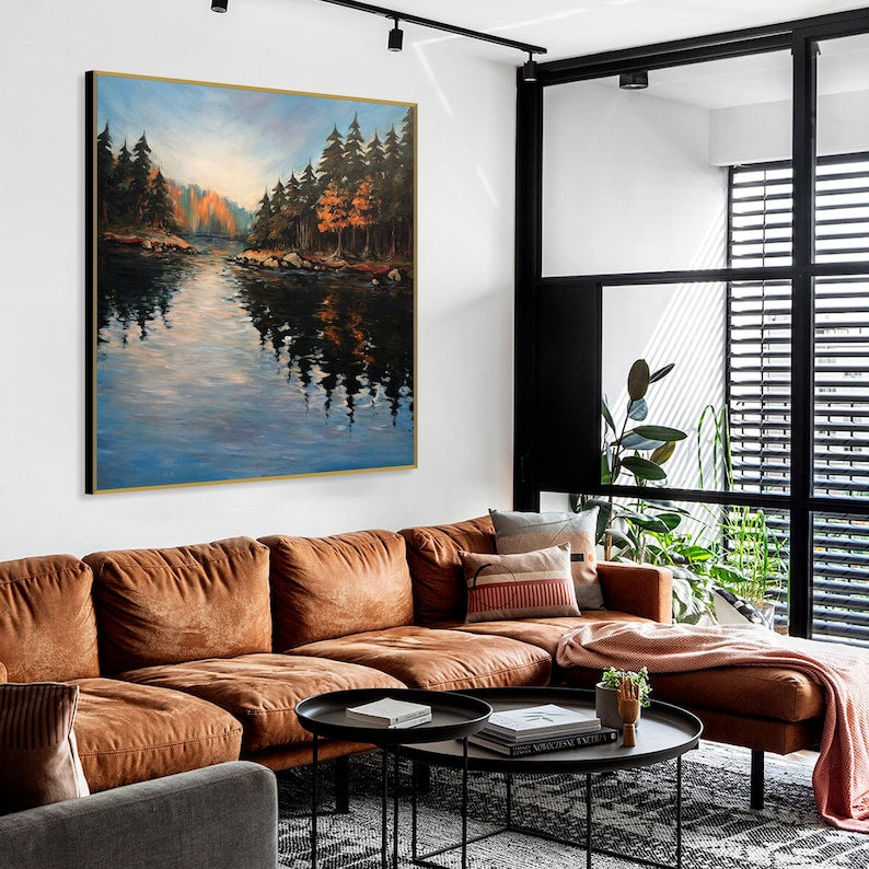 Forest Painting Abstract Autumn Landscape Wall Art Lake Painting Nature Paintings on Canvas Large Wall Art Modern Art Living Room Decor