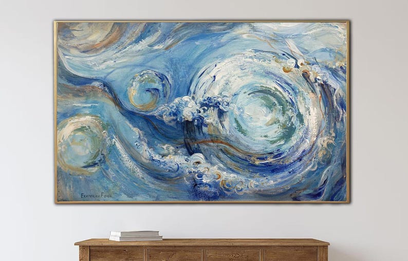 Abstract Blue Painting Large Framed Wall Art Unique Wall Art Living Room Decor Blue Wall Art Hand Painted Art Office Wall Decor Modern Art