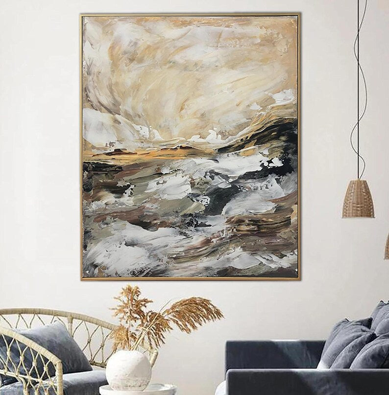 Abstrakt beige maleri stort oliemaleri moderne vægkunst brunt maleri på lærred originalt kunstværk kontorvægdekoration tekstureret vægkunst