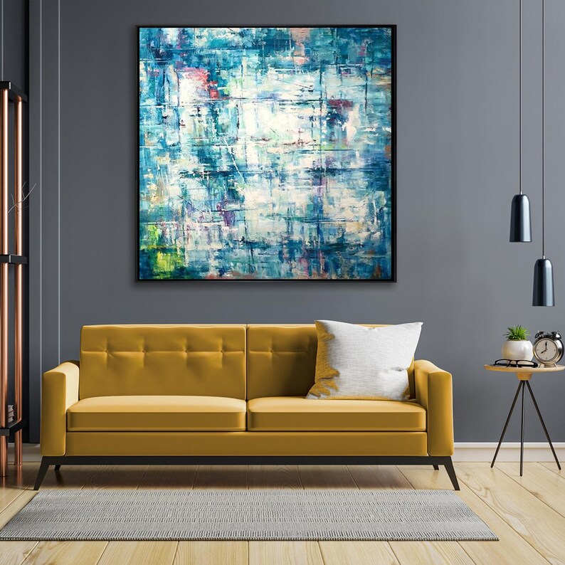 Blue Painting Abstract Aqua Blue Canvas Textured Wall Art Bedroom Decor Large Art Housewarming Gift Apartment Wall Art Framed Art