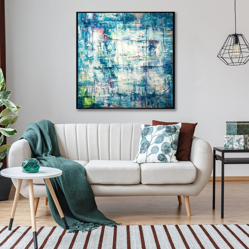 Blue Painting Abstract Aqua Blue Canvas Textured Wall Art Bedroom Decor Large Art Housewarming Gift Apartment Wall Art Framed Art