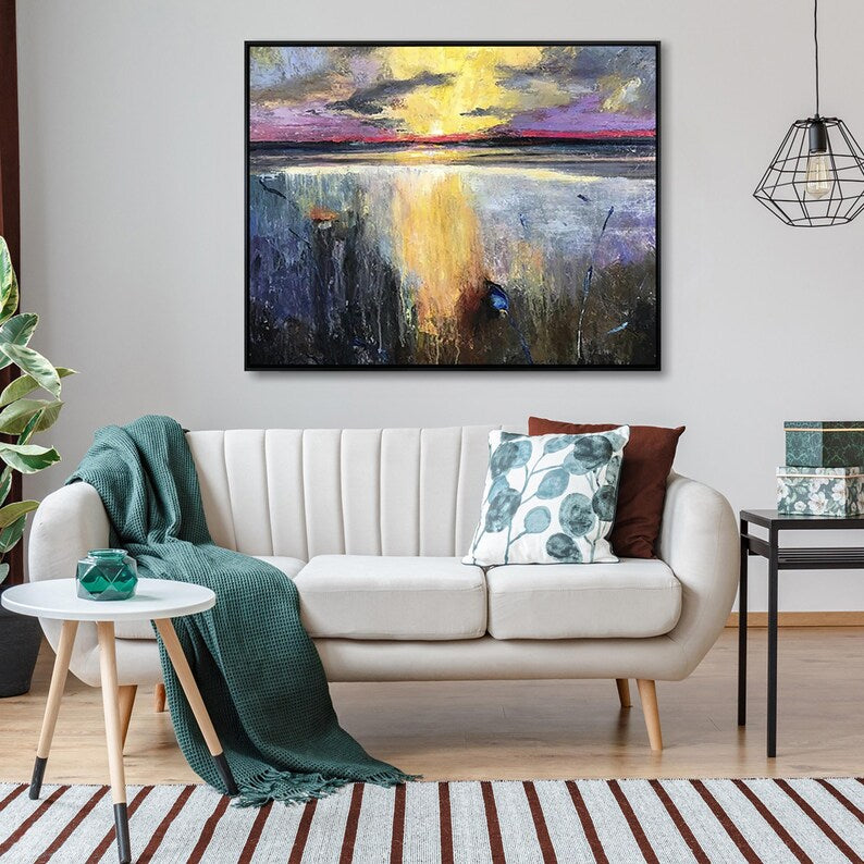 Sunset Painting Original Painting Golden Sunset Tranquil Lake Painting Coastal Wall Decor Living Room Decor Framed Art Apartment Wall Art