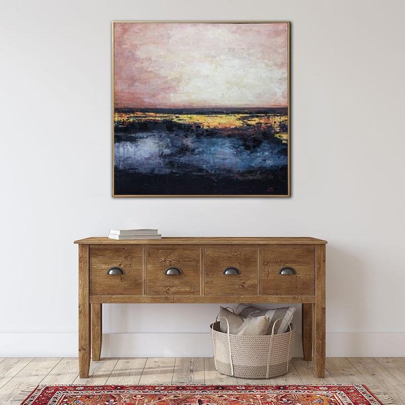 Abstract Sunset Painting Blue Oil Canvas Original Pink Painting Gold Leaf Artwork Living Room Art Housewarming Gift Office Wall Decor
