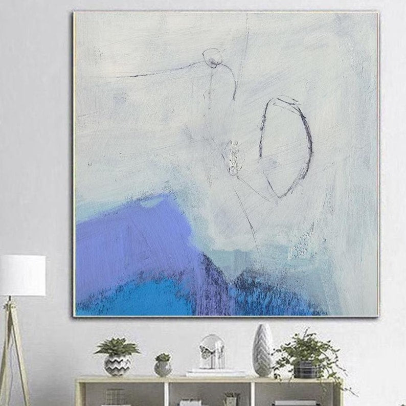 Blue Painting Modern Wall Art Abstract White Painting Large Minimalist Canvas Art Textured Wall Art Office Decor Living Room Decor