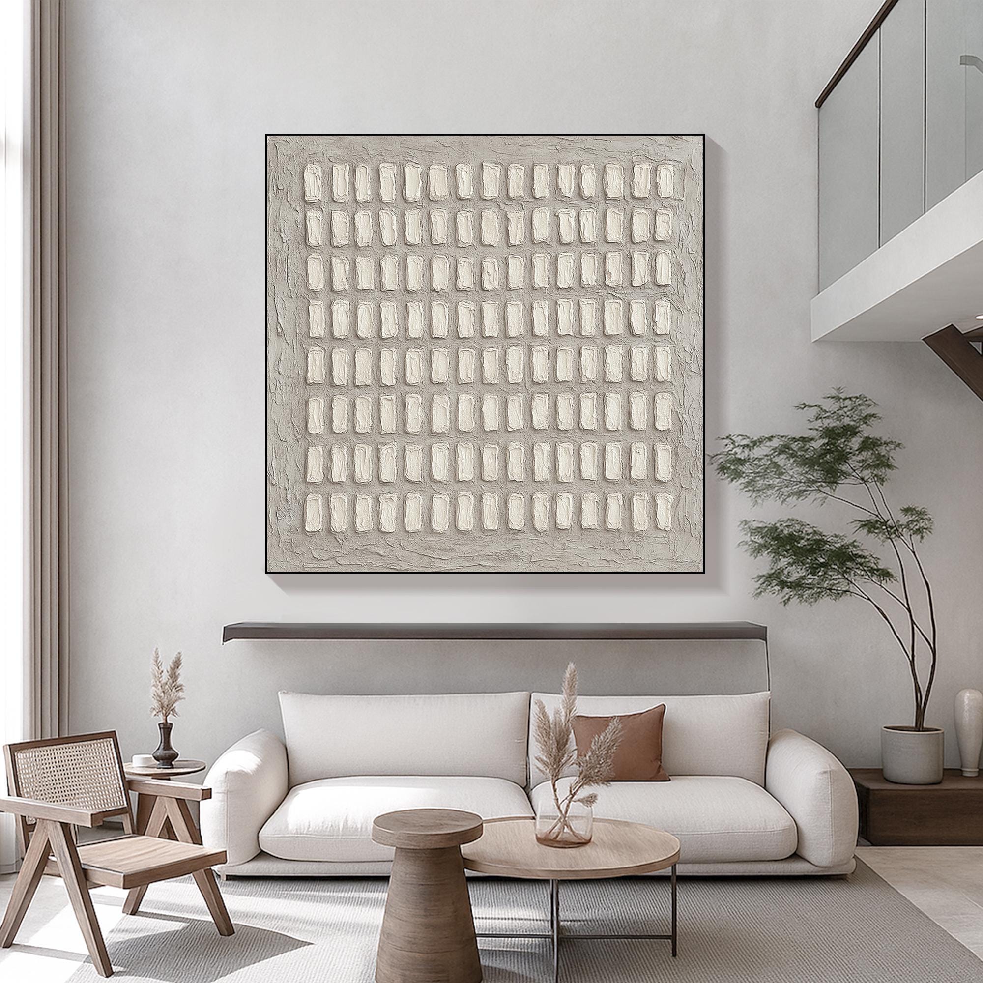 Original Geometric Texture Art on Canvas ¨C Neutral 3D Abstract Relief Painting, Minimalist Beige Grid Wall Decor for Modern Interiors