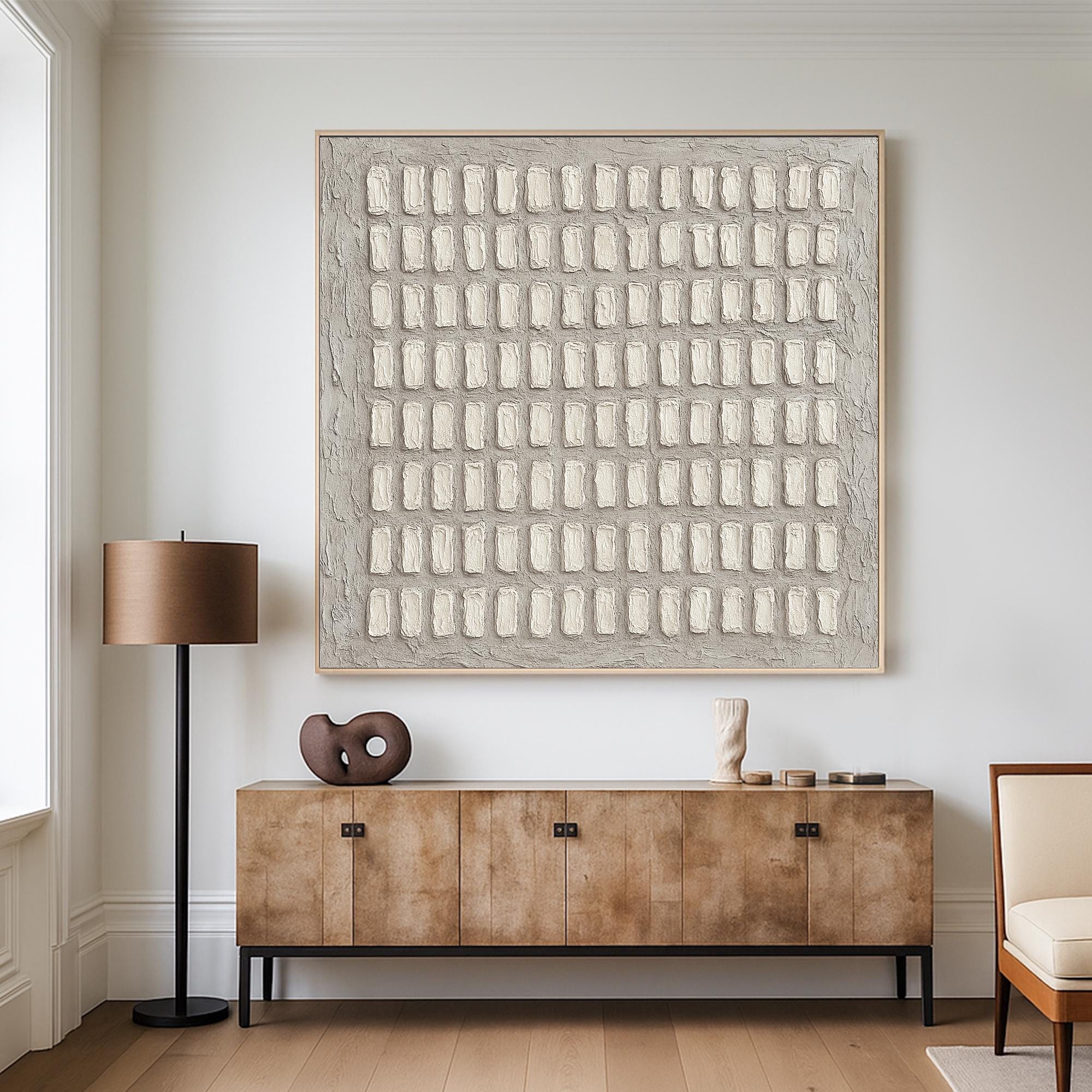 Original Geometric Texture Art on Canvas ¨C Neutral 3D Abstract Relief Painting, Minimalist Beige Grid Wall Decor for Modern Interiors