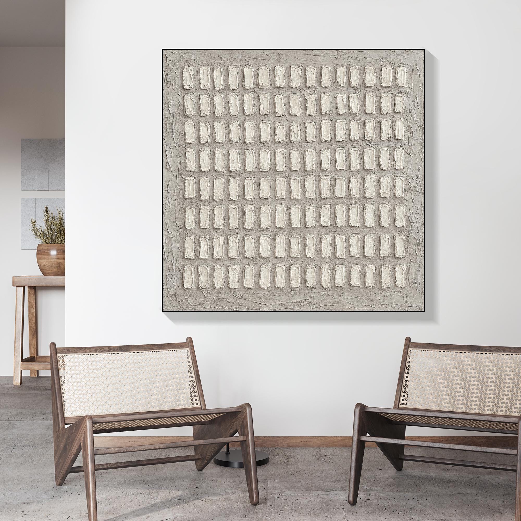 Original Geometric Texture Art on Canvas ¨C Neutral 3D Abstract Relief Painting, Minimalist Beige Grid Wall Decor for Modern Interiors