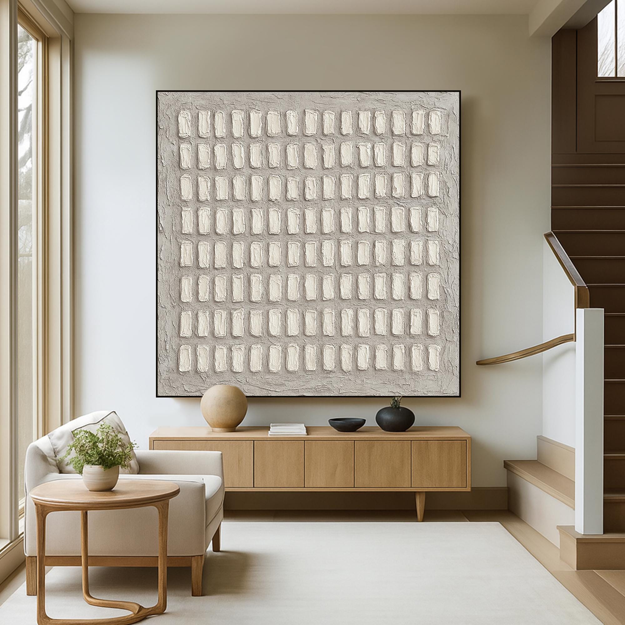 Original Geometric Texture Art on Canvas ¨C Neutral 3D Abstract Relief Painting, Minimalist Beige Grid Wall Decor for Modern Interiors