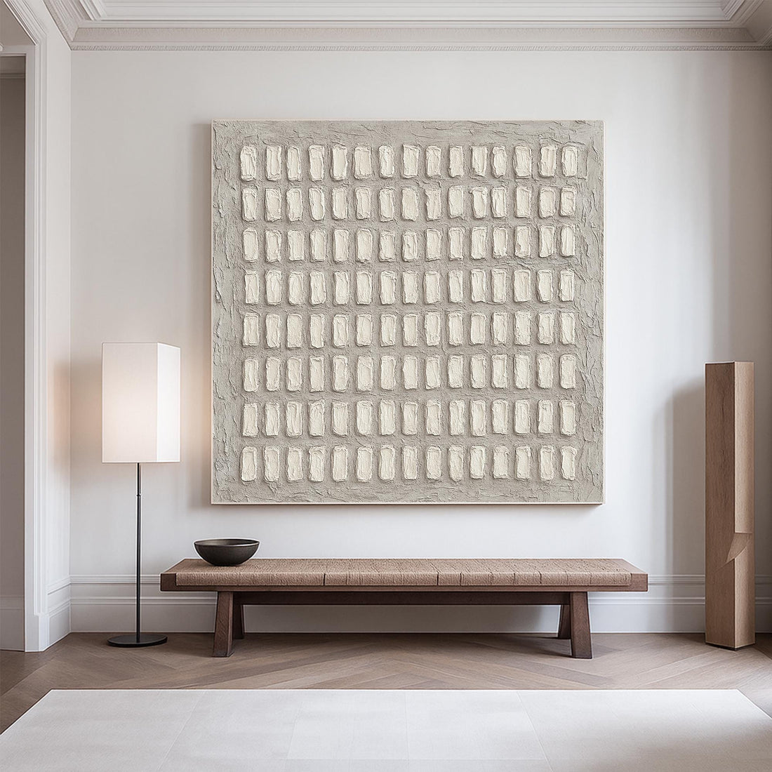 The image is a square-shaped artwork with a grid-like pattern of white rectangular shapes.